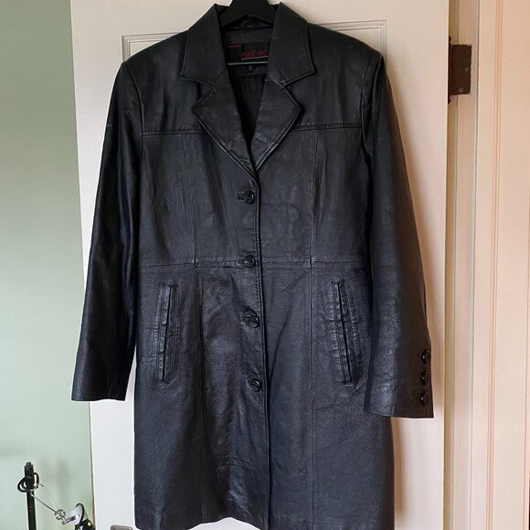 Vintage 90s Phase Two Black Leather Long Trench 100% Jacket‎ Size L - Picture 1 of 8